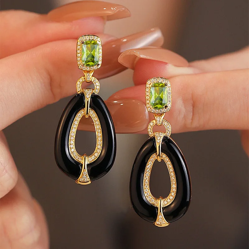 S925 Silver Earrings, One Carat Olive Green Earrings, Retro Old Money Fashion Earring Jewelry