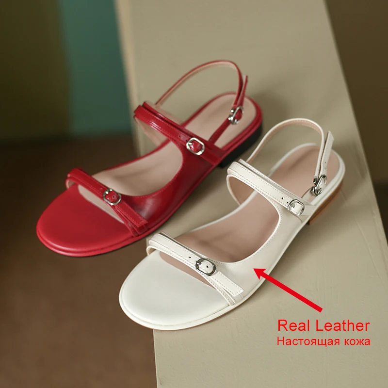 JOZHAMTA Size 34-39 Women Flats Sandals Real Leather Buckle Strap Slingback Low Heels Summer Beach Shoes Casual Daily Rome Dress