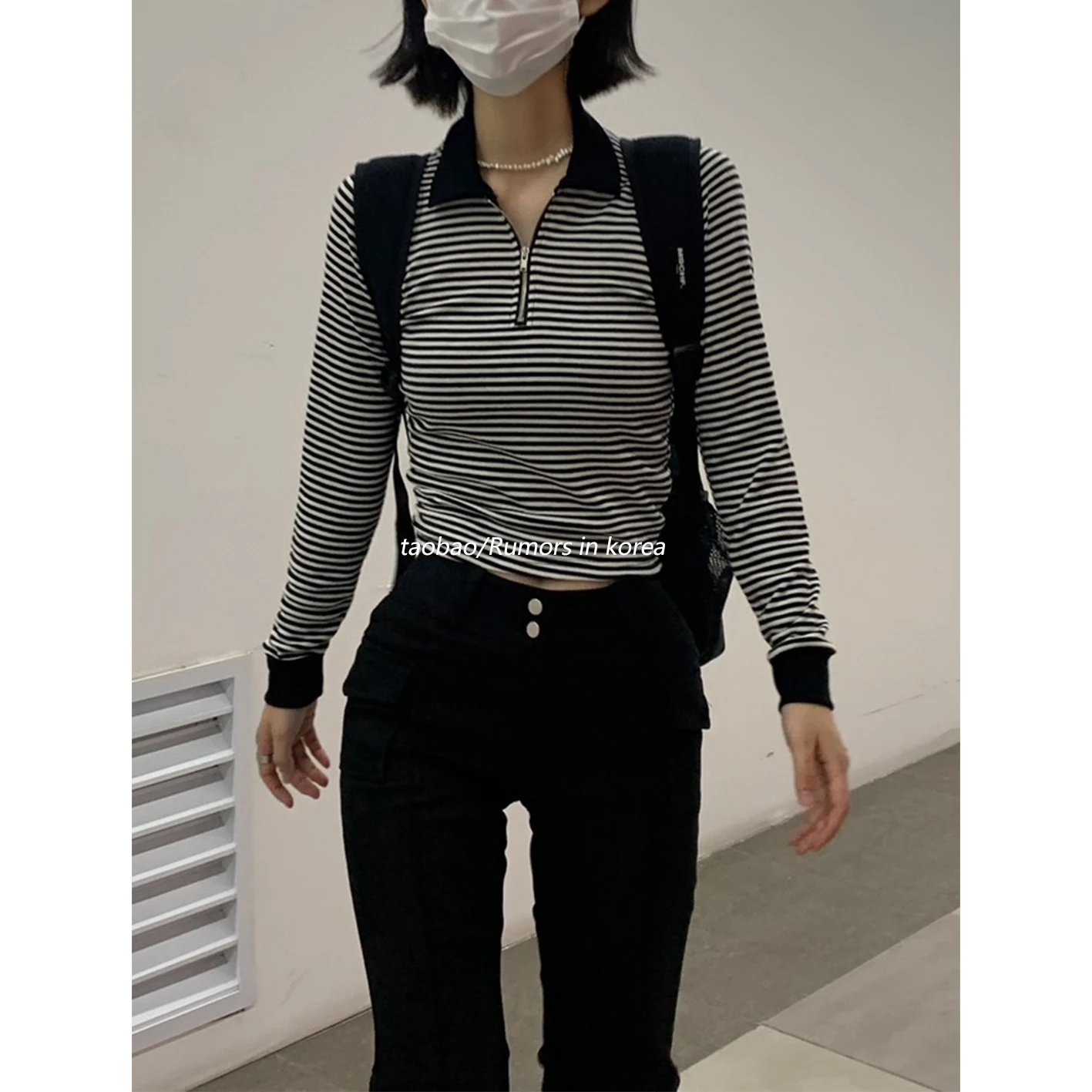 

Unique SEI Classic Slim Fit Long Sve irt f Zipper Turn-down Collar Stripe Design Commute Sle Ladies T-irt