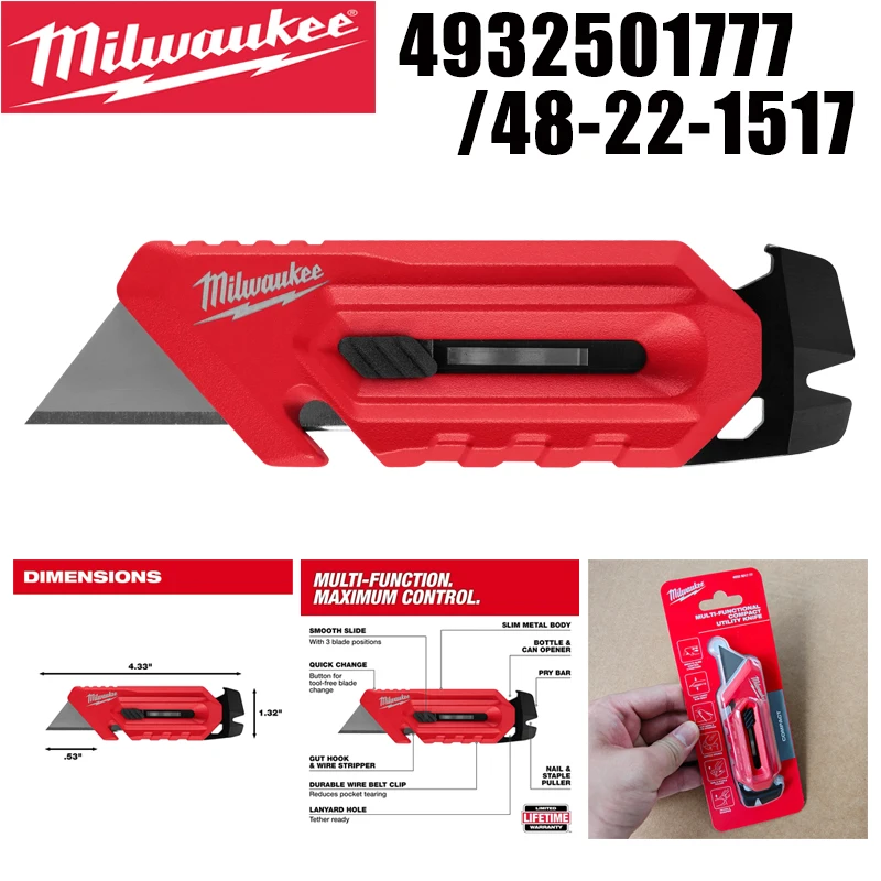 Faca Utilitária Compacta Multifuncional Milwaukee 4932501777/48-22-1517 com Desencapador de Fios, Extrator de Pregos e Clipe para Cinto