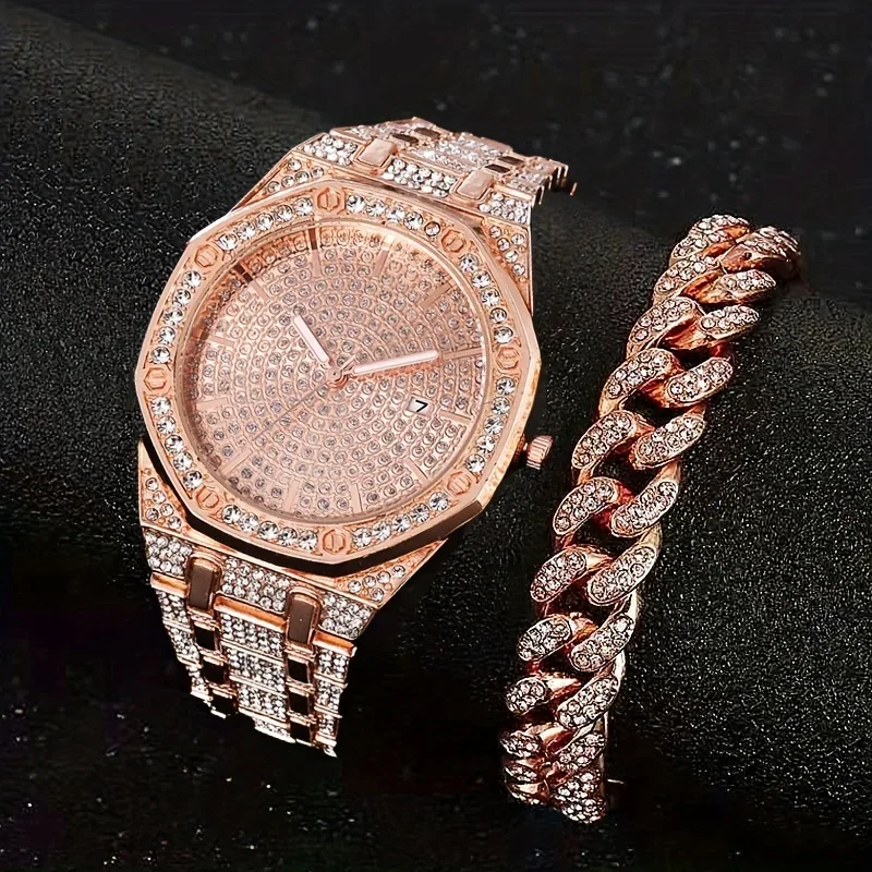 ใหม่ควอตซ์นาฬิกาผู้ชายแฟชั่น Lnlaid Faux เพชรขนาดใหญ่ปฏิทินอัตโนมัติธุรกิจนาฬิกาข้อมือสายเหล็ก