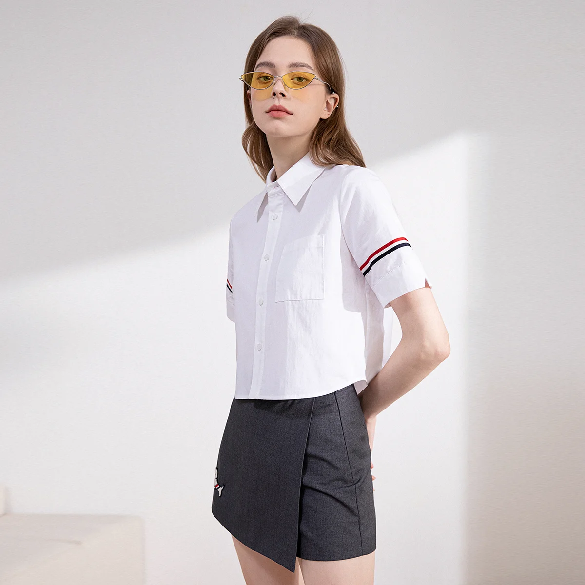 24TC-446  High quality spring and summer fashion brand women's  cotton shirt short blouse