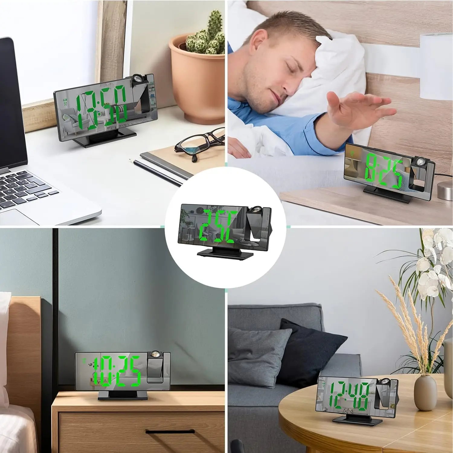 Projection clock, digital mirror alarm clock with 180 ° projector, 4-level brightness, USB charging port, bedside time display