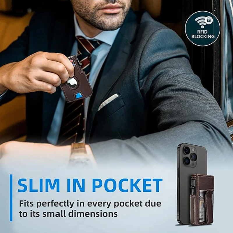 YATBEST Men's Genuine Pickup Bag RFID Anti Theft Brush Magnetic Tape Airtag Positioning Slot Automatic Pop up Metal Wallet
