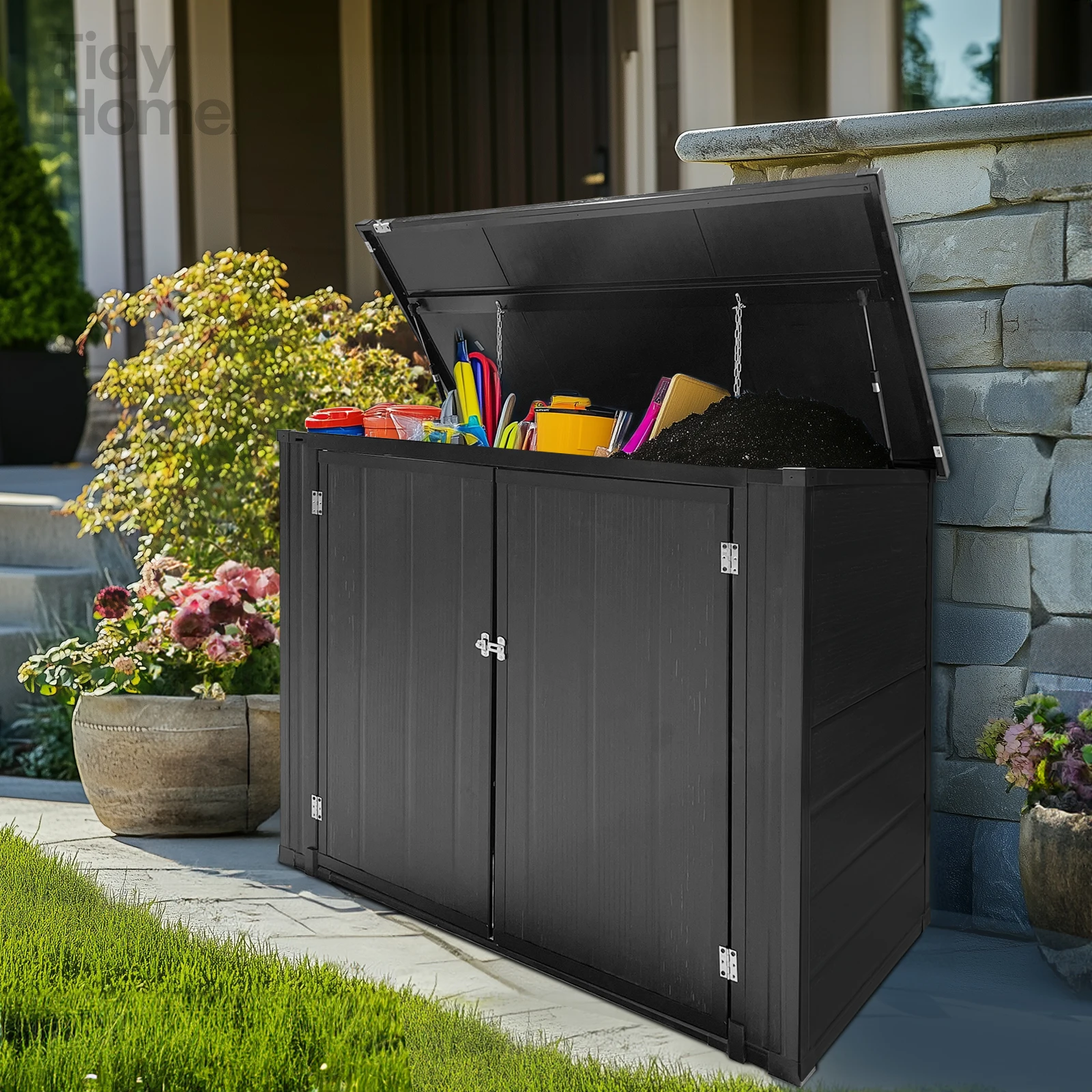 

Наружный сарай для хранения, запираемый ящик для хранения на открытом воздухе для мусорных банок/газонокосилки/инструментов, многофункциональное хранилище, непромокаемый/ветрозащитный