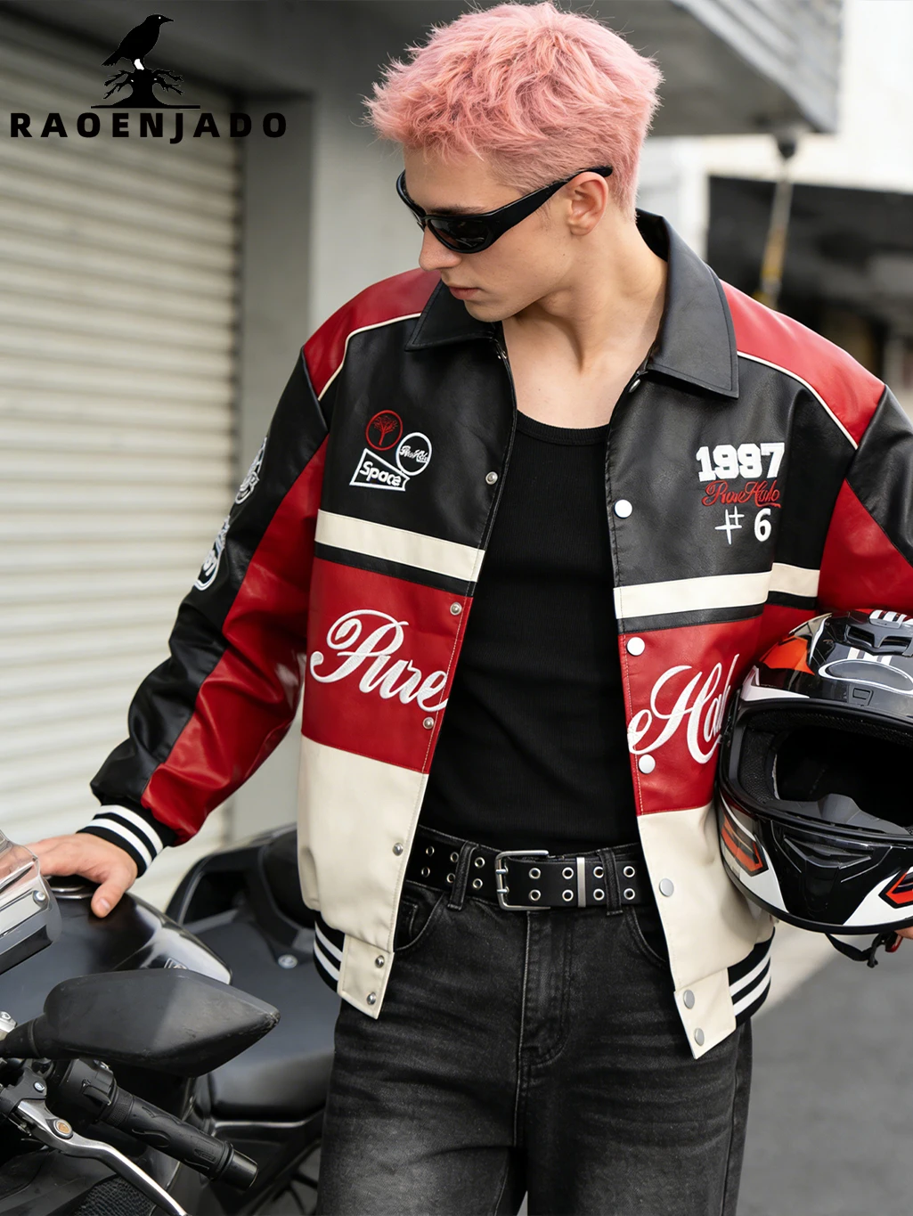 Men's PU Faux Leather Jacket Racing Motorcycle Bomber Coat Colorblock Baseball Outerwear with Fine Embroidery and Inner Pocket
