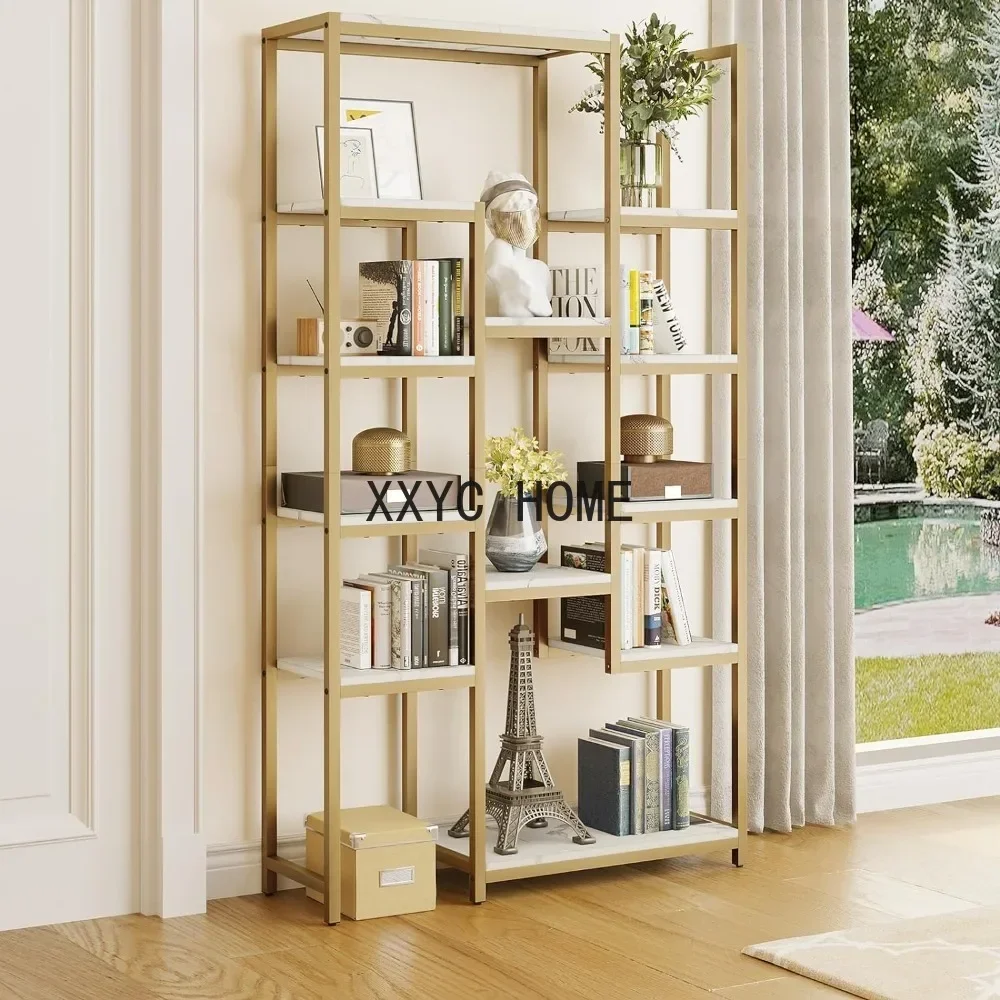 

6 Tier Gold Bookshelf, 71” Tall Modern Free Standing Bookshelf with 12 Shelf Bookcase, Faux Marble Open Display Storage Book