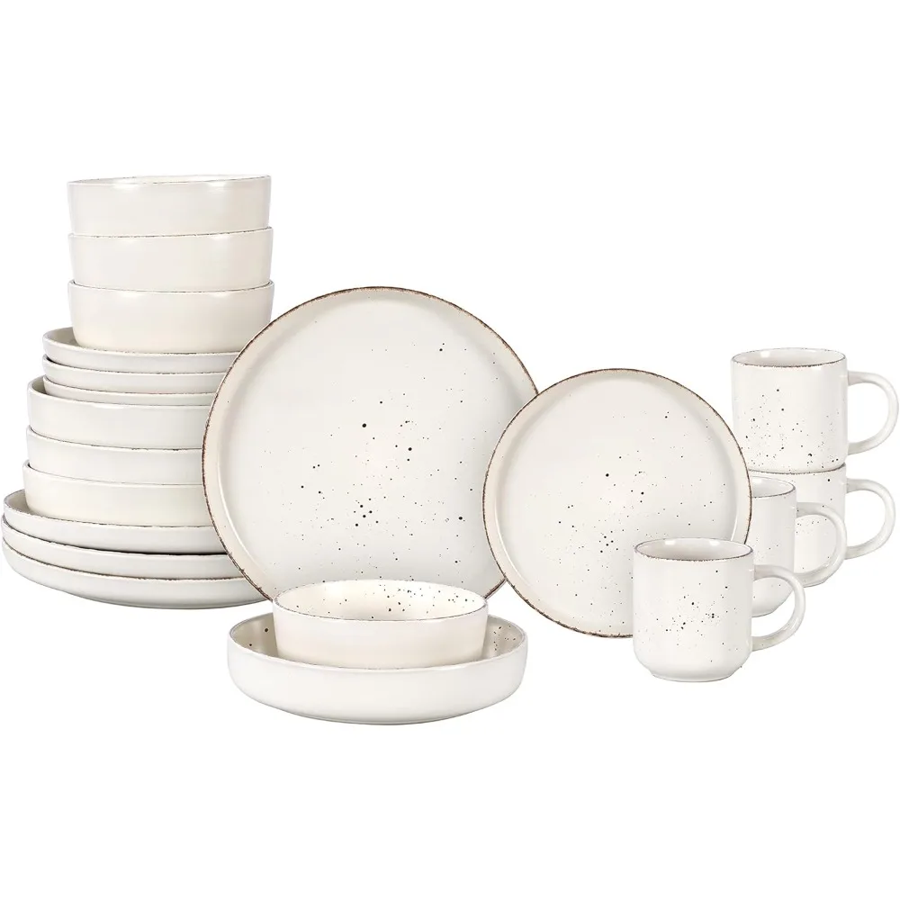 Nordic Shape Rising Rim Stoneware 20pc Dinnerware Set, Matte White with Speckle Finished Effect