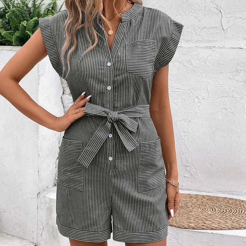 2024 New European and American Summer Women\'s Cross border Fine Stripe Short Sleeve jumpsuit shorts