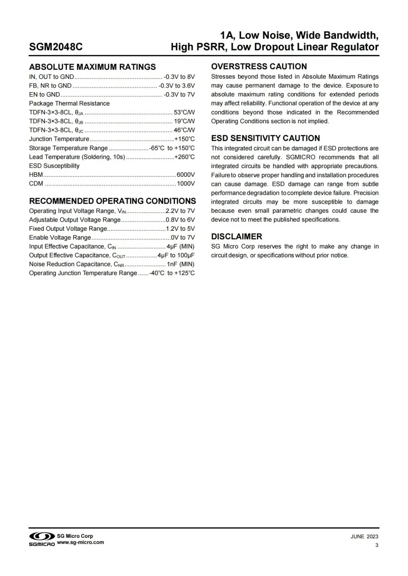 10Pcs SGM2048C-3.3XTEK8G/TR TDFN-8,Fixed output voltage 3.3V,1A,Low Noise,Wide Bandwidth,High PSRR,Low Dropout Linear Regulator