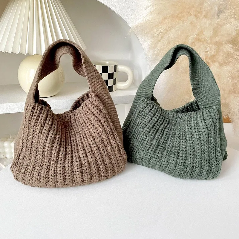 Fashion Crochet Handbag Soft Slouchy Hobo Bag Korean Style Vintage Retro Chic Square Pouch Winter Simple Knitted Warmer Handbag