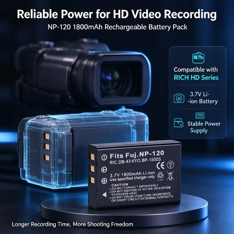 NP-120 1800mAh Rechargeable Camcorder Battery Pack for RICH HD-A65 HD-A80 HD-A83 HD-A85 HD-A190 HD-A260 HD Video Camera Battery