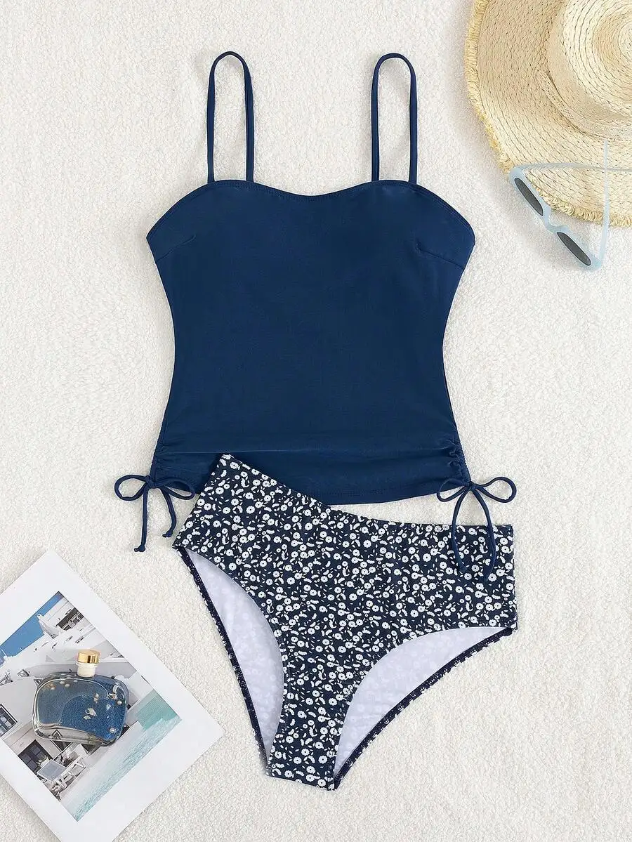

Ribbed Cami Top With White Ditsy Floral High-Waist Swim Shorts, Stretchy Opaque Two-Piece Beach Set For Summer Vacation