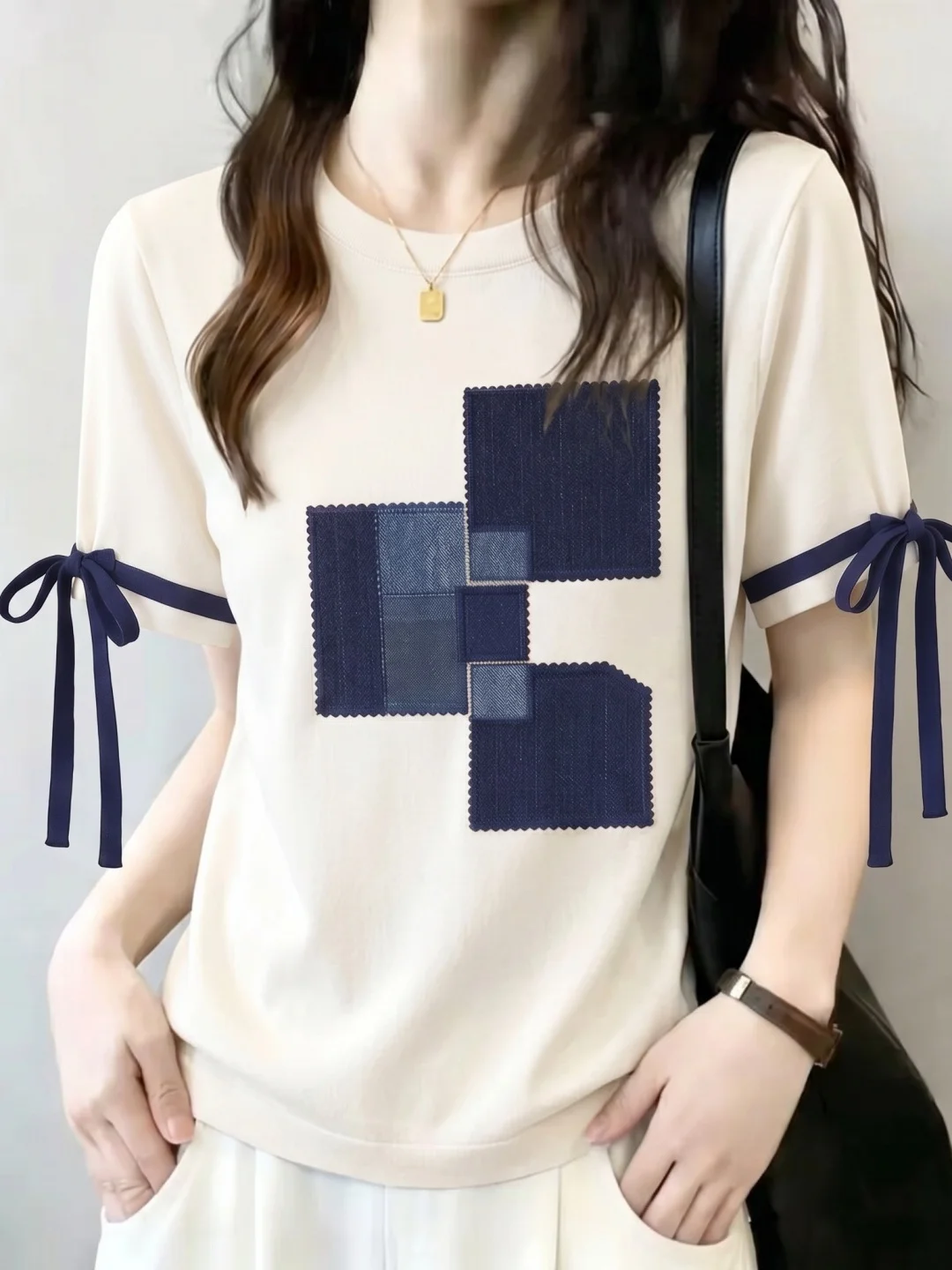 

Commute Style Knot Short Sleeve T-Shirt Summer Design Block Print Loose Feeling Personality Top Korean Version Stra...