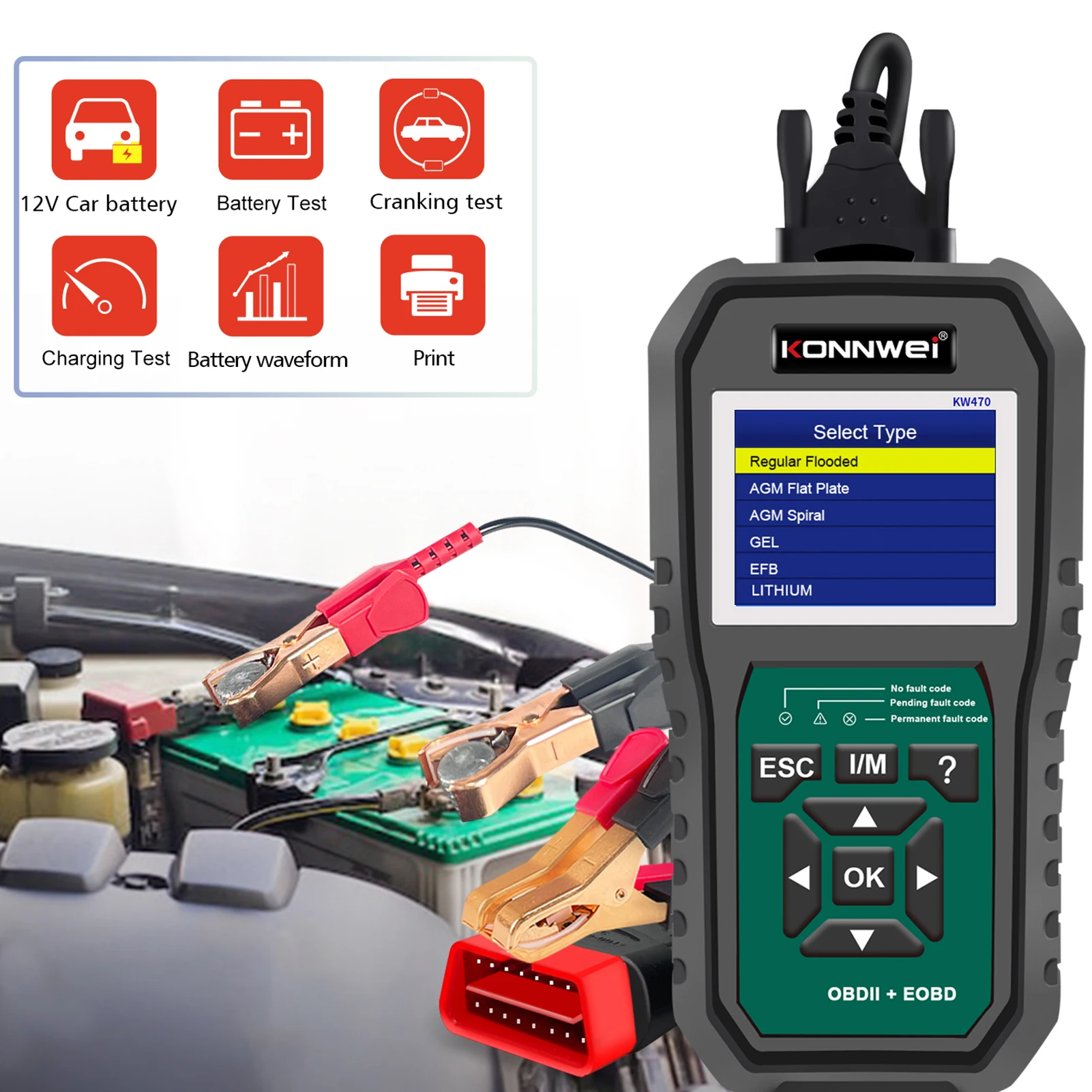 

KONNWEI KW470 Car Battery Tester Cranking Charging Circut Tester Battery Analyzer Battery Tool Full System Diagnostic Scanner