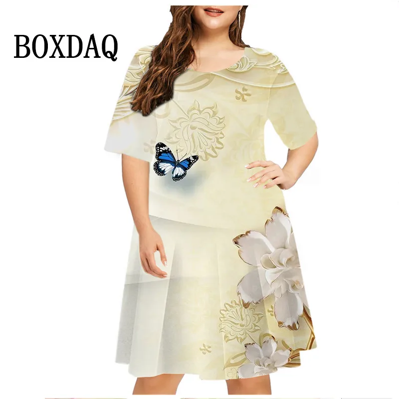 

Женское летнее платье с коротким рукавом, круглым вырезом и цветочным принтом