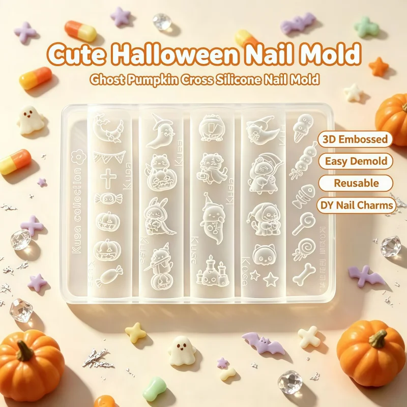 3D Cute Halloween Ghost Pumpkin Cross Embossed Nail Silicone Mold