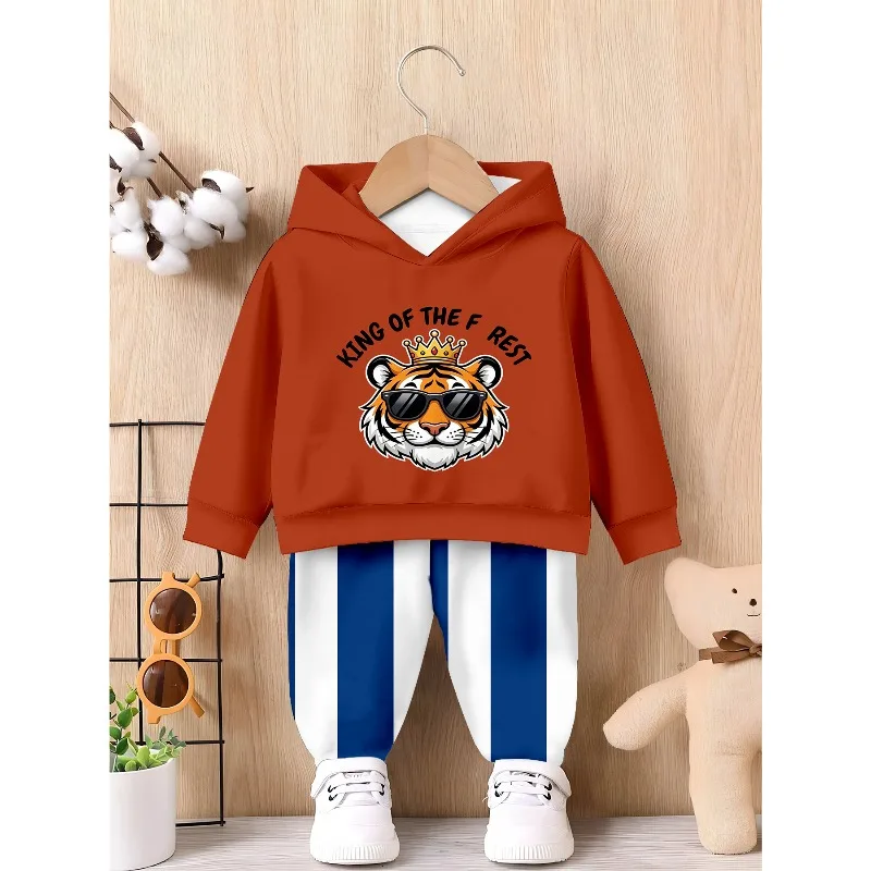 Unisex Toddler Hooded Jogger 2Pcs Tracksuit, Crown Tiger, Gradient KING Letter, All Over Dinosaur Print Kids Casual Play Outfit