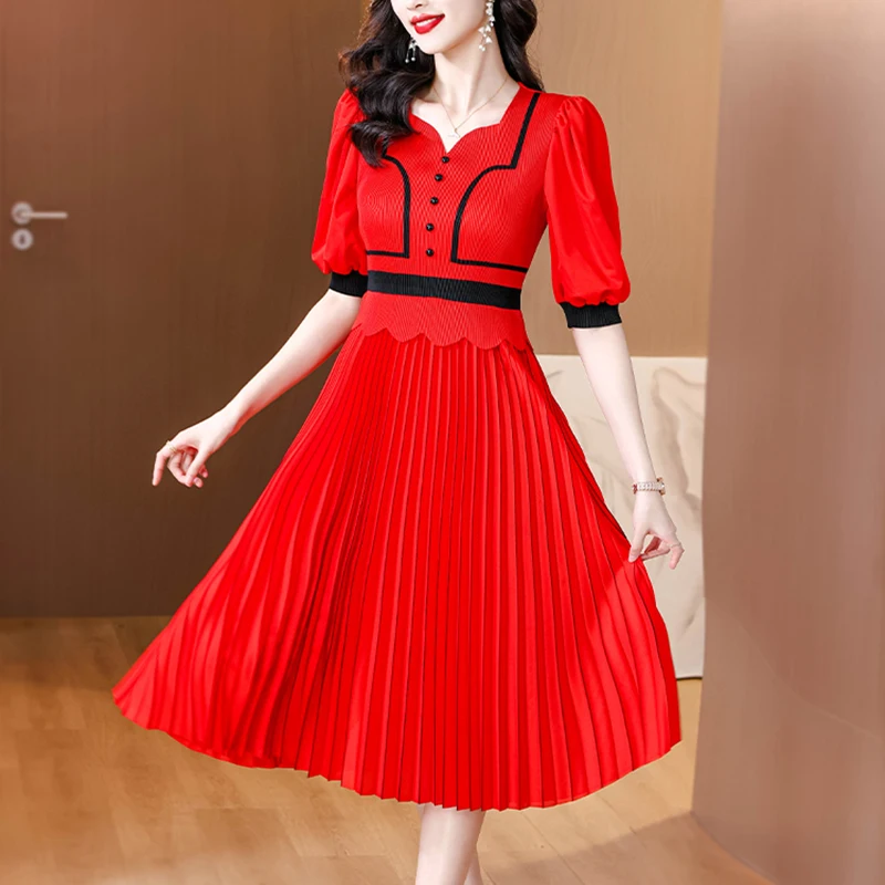 

Summer Midi Pleated Dress for Women Elegant V Neck Puff Sleeve Party Casual Daily Dresses Black Red Vestidos Para Mujer Elegant