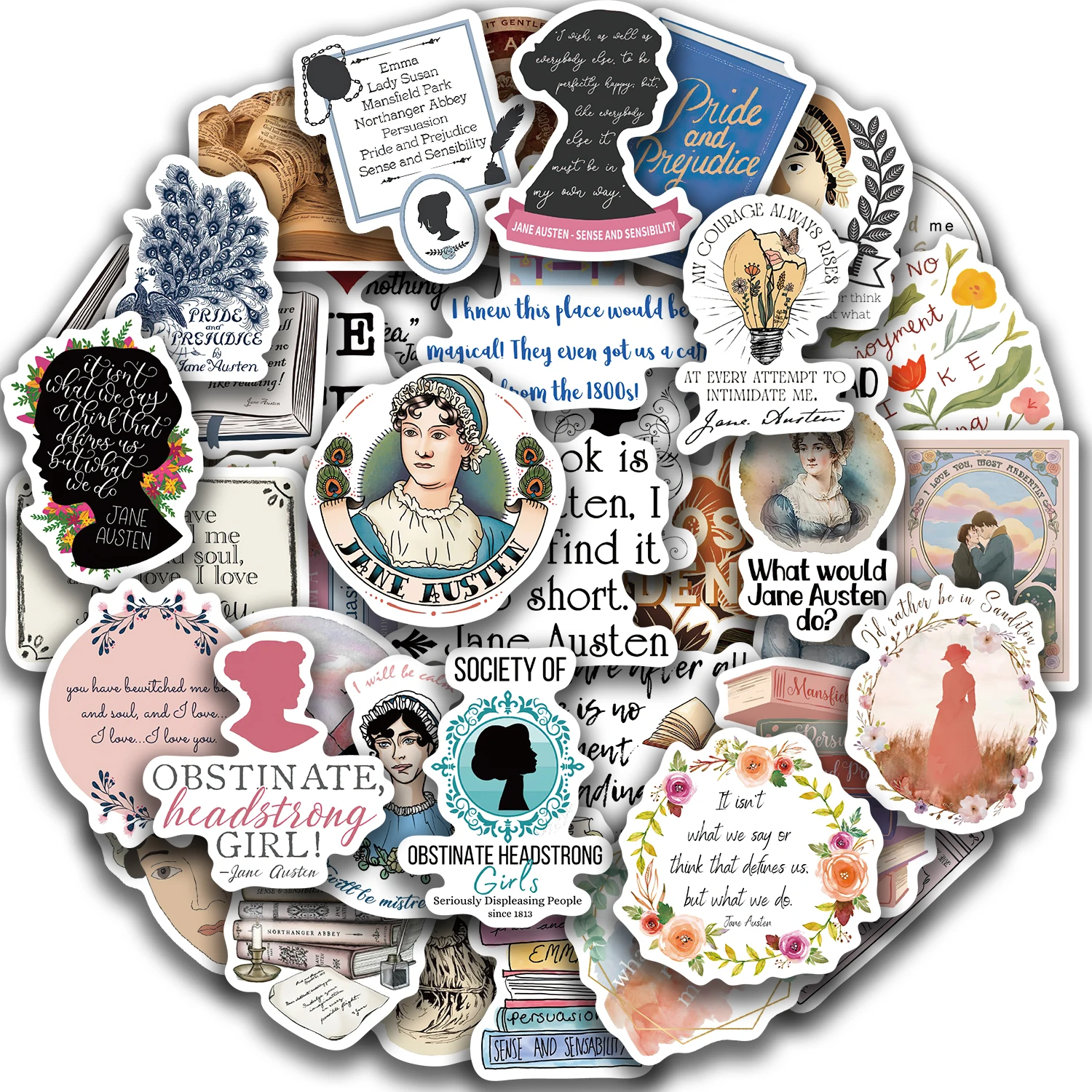 50pcs Novelist Jane Austen Stickers For Scrapbook Phone Laptop Suitcase Guitar Stationery Car Graffiti Sticker Novel Decals DIY