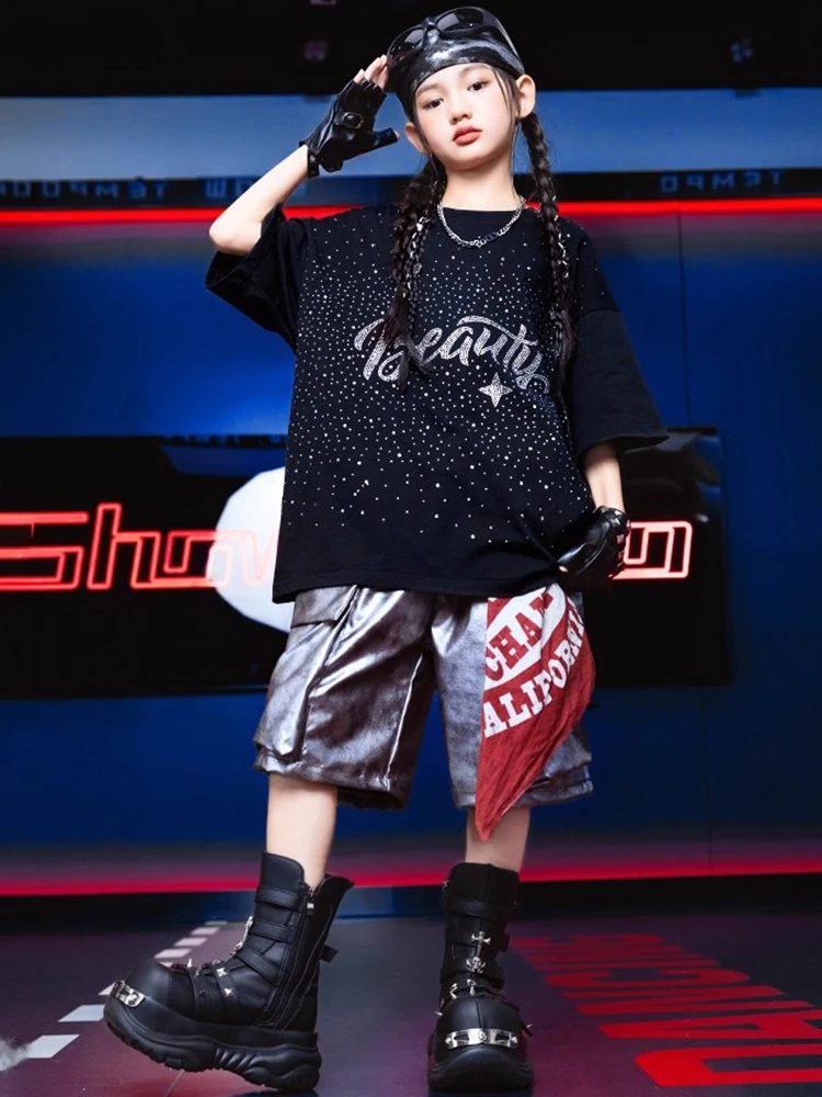 Kids Boys Hip Hop Dance Outfits Sequin Black T Shirt Silver Shorts Summer Girls Drum Locking Jazz Performance Costumes BL16454