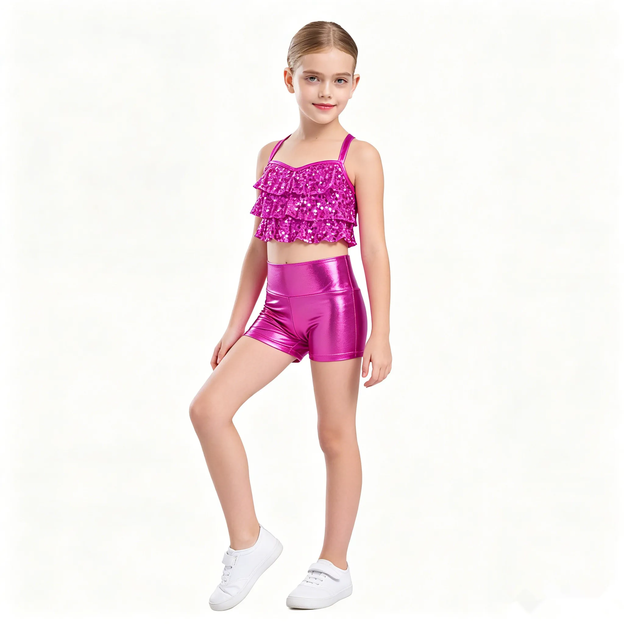 Children Girls Hip Hop Jazz Dance Gymnastics Performance Outfit Glittery Sequins Metallic Crop Top with Shorts Party Dancewear