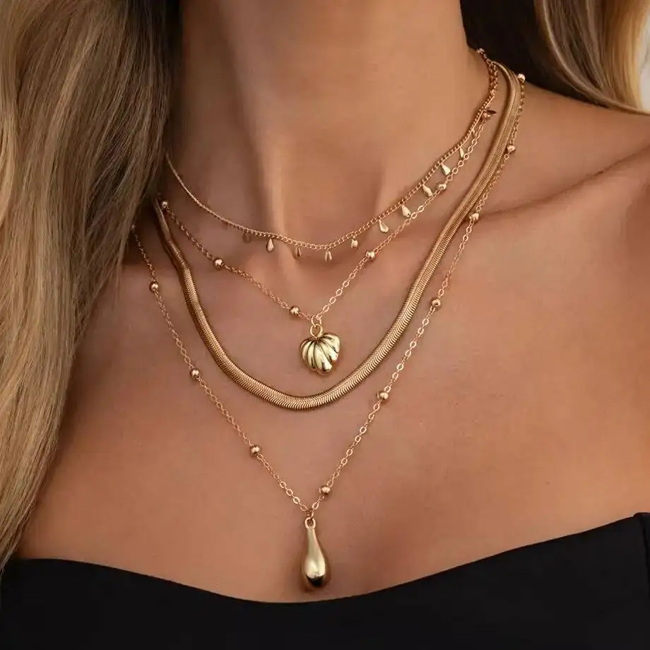 Salircon 4Pcs/Set Fashion Vintage Water Drop Pendant Choker Necklace for Women Creative Adjustable Clavicle Chain Charm Jewelry