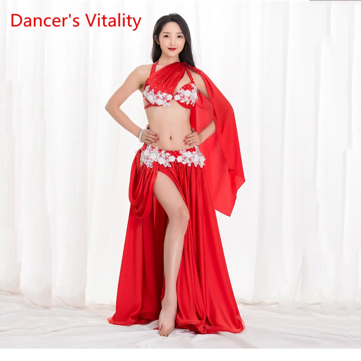 Women Sexy Belly Dance Show Wear Performance Oriental Dance Costume Handmade Luxury Drill Red White Suit Free Delivery