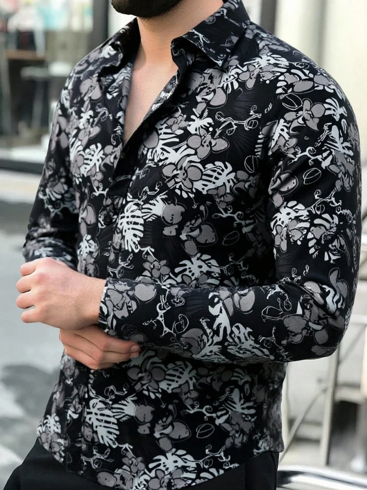 European and American Floral Palm Leaf Print Men's Long Sleeved Shirt Slim Fit Casual Shirt Vacation Trend Men's Clothing