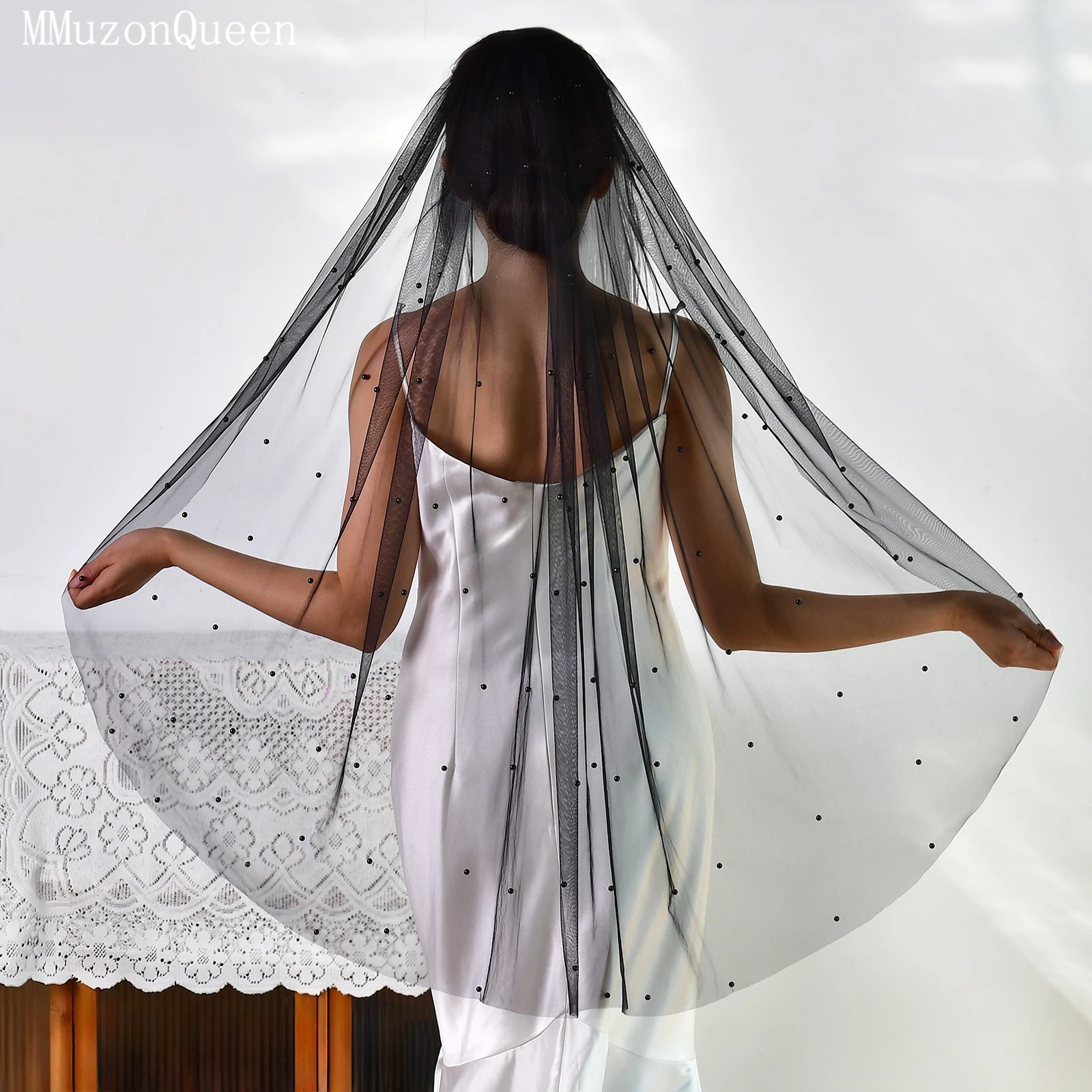 TOPQUEEN V05-B HOT 3 Meters Long Woman Black Veil Multi Size Black Beaded Long Veil Wedding Party Bridal Church Veil