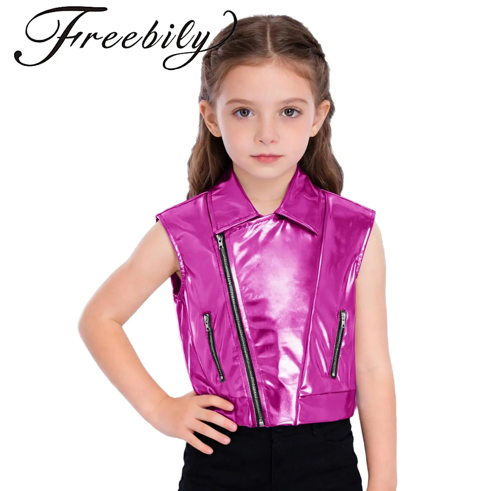 

Kids Boys Girls Metallic Jacket Turn-Down Collar Vest Sleeveless Outerwear for Hip Hop Dance Party Stage Performance