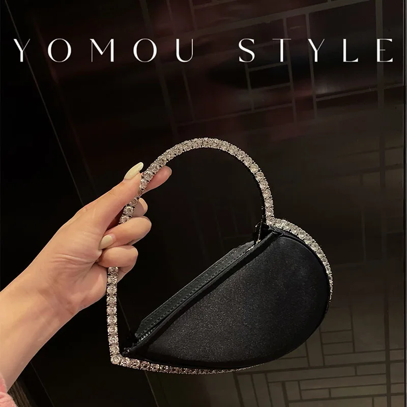 Crystal Shiny Diamonds Evening Bag Luxury Satin Women\'s Handbag Rhinestones Circular Metal Handle Clutch Purse For Wedding Party