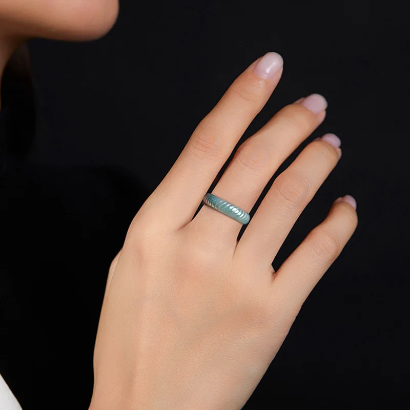 Original Natural A-grade Jade Blue Water Dragon Scale Ring Three Dimensional Carving Ice Stone Male Female Jadeite Jewelry