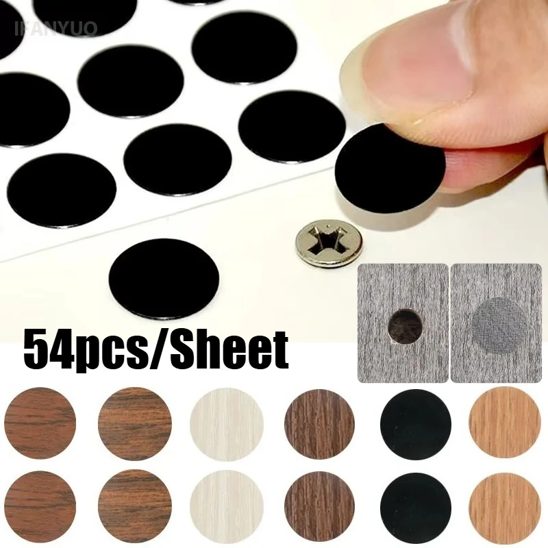 54pcs/Sheet Self Adhesive Furniture Screw Cap Cover Stickers PVC Round Stickers for Wood Craft Desk Cabinet Decorative Decals
