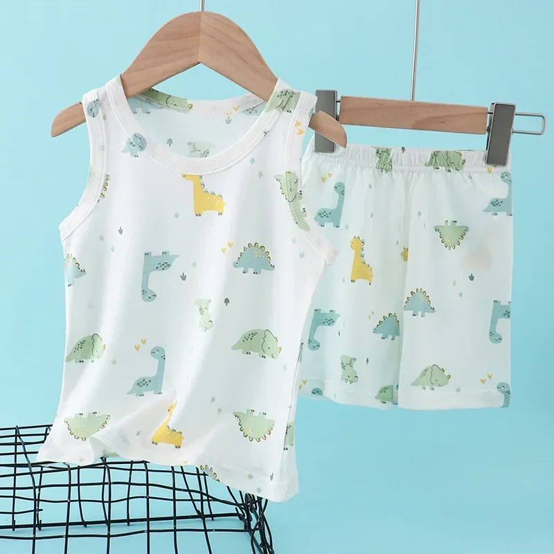 Kids Bamboo Cotton Vest Suit Summer Thin Sleeveless Clothes Cute Cartoon Print Baby Boys Girls 2 Piece Outfit Children Clothing