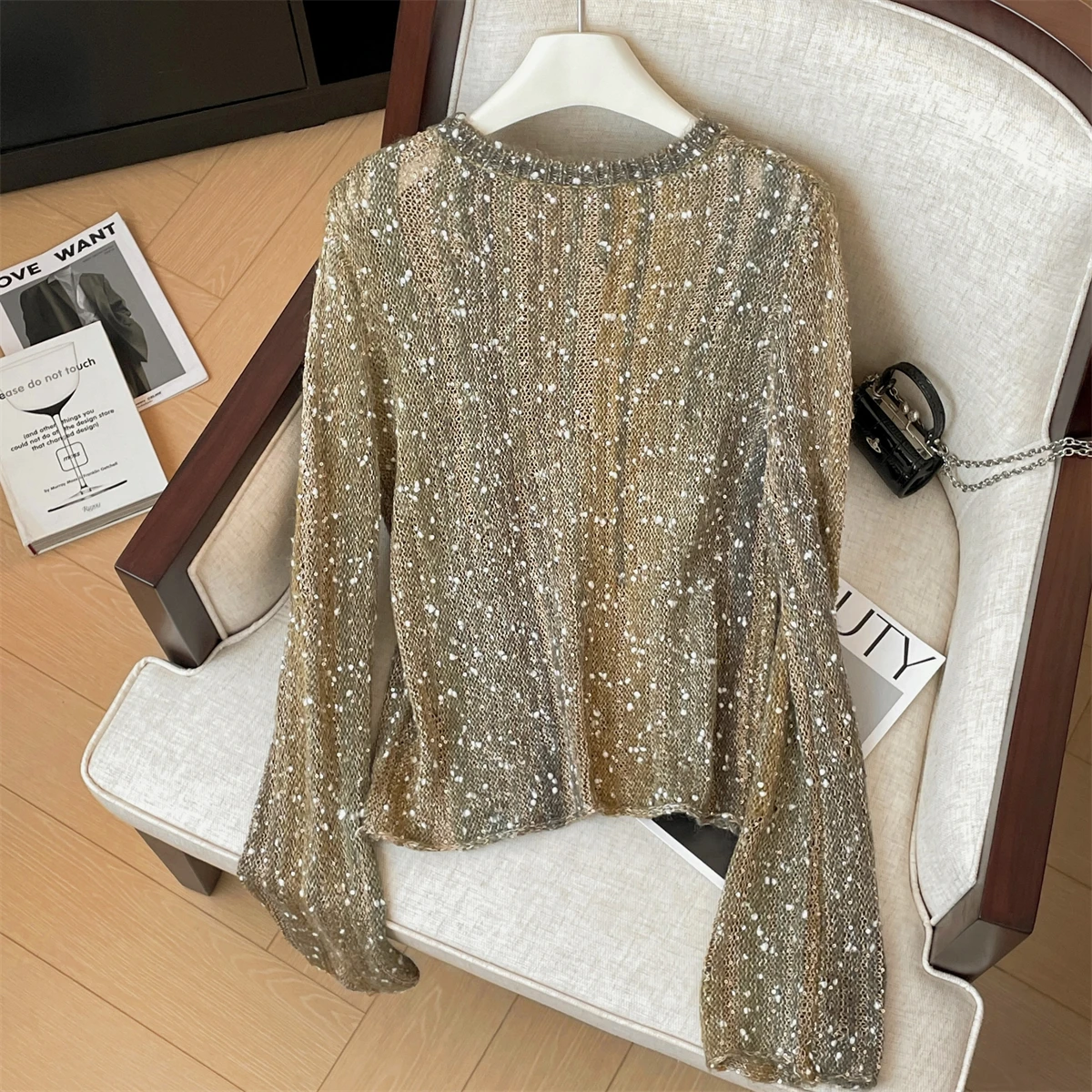 Sparkly Sequins Soft Knitted Loose Sweater For Women Spring Autumn Long Sleeve Round Neck Pullover Knit Top Trendy Street Style