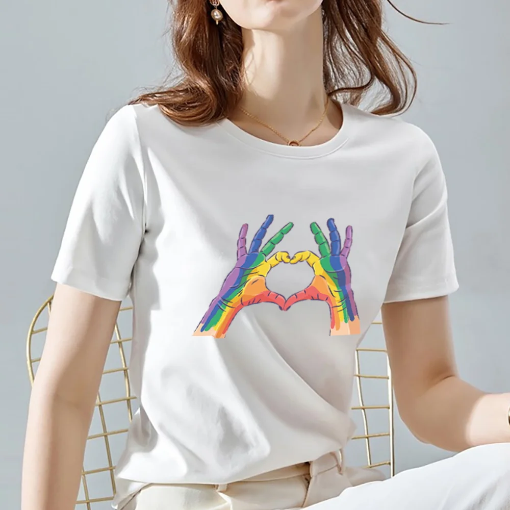 Fashion Women\'s Casual White T-shirt Color Gesture Love Printing Series Shirt O Neck Comfortable Slim Top Ladies Soft Clothing