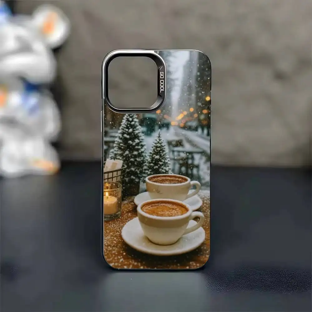 Winter Style Coffee Christma Phone Case For iPhone 17,16,15,14,13,12,11,Pro Max,Plus black Candy Silver Cover