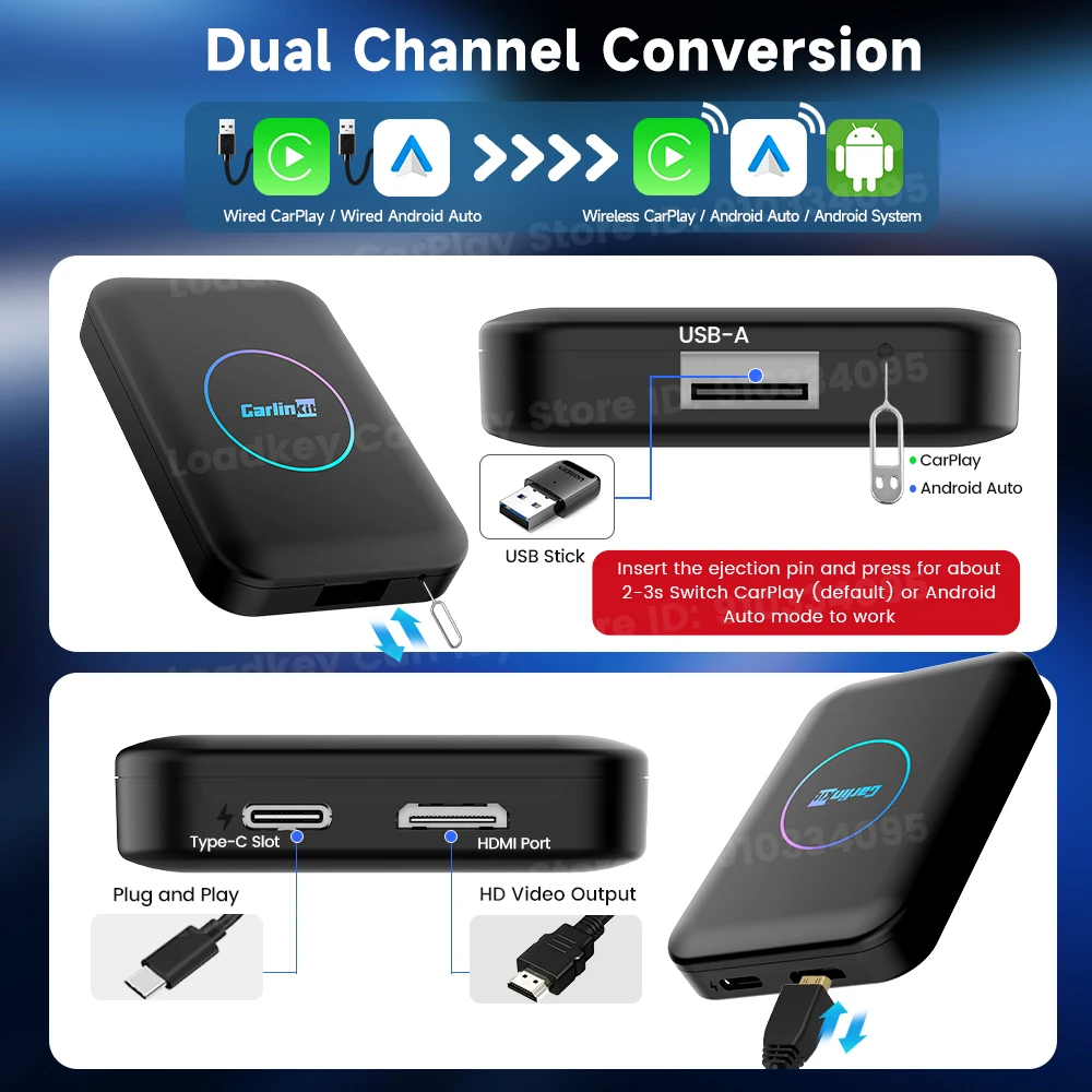 2025 CarlinKit HDMI Android Ai Box Wireless Carplay Android Auto لـ Youtube Netflix IPTV 5 IN 1 WIFI 5GHZ USB A التوصيل والتشغيل