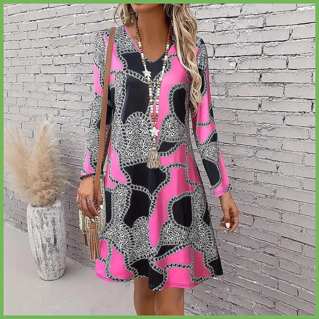 Abito a trapezio con stampa floreale e scollo a V da donna 2025, elegante per feste e serate in stile bohémien