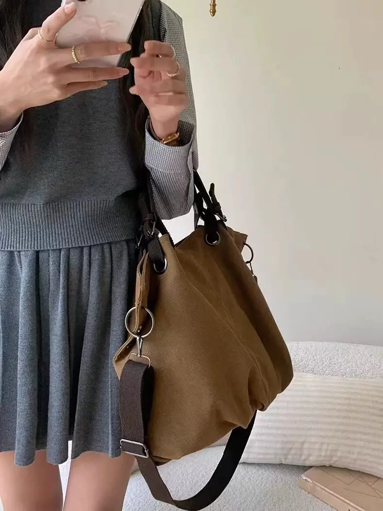 Retro Japanese Style Canvas Tote Bag Large Capacity Single Shoulder Slant Cross Student Commuting Handbag British Style Sewin...