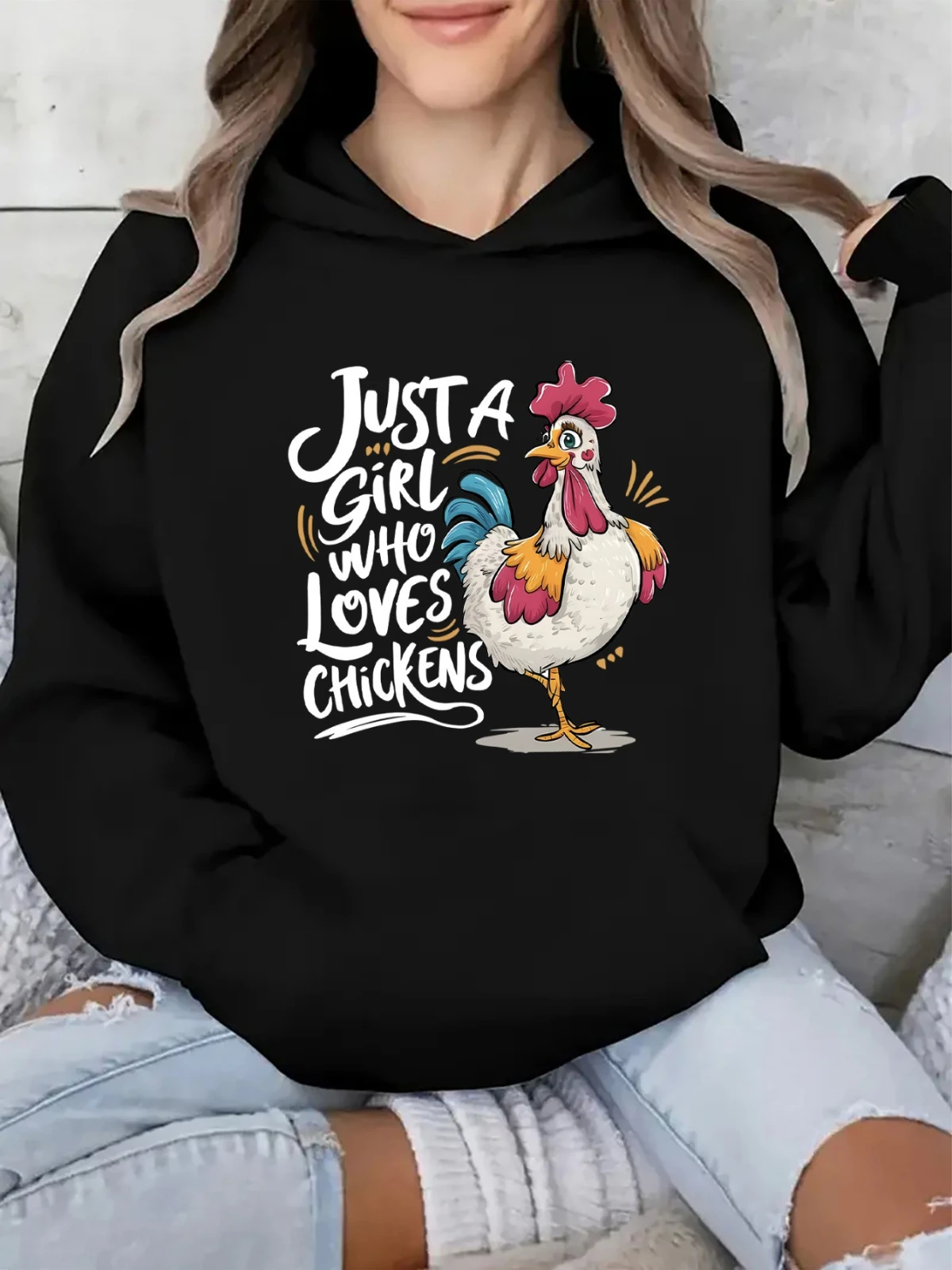 Ladies' Black Hoodie with Cute Chicken Pattern - Comfortable and Fashionable Hoodie Essential for Chicken Lovers Hoodie