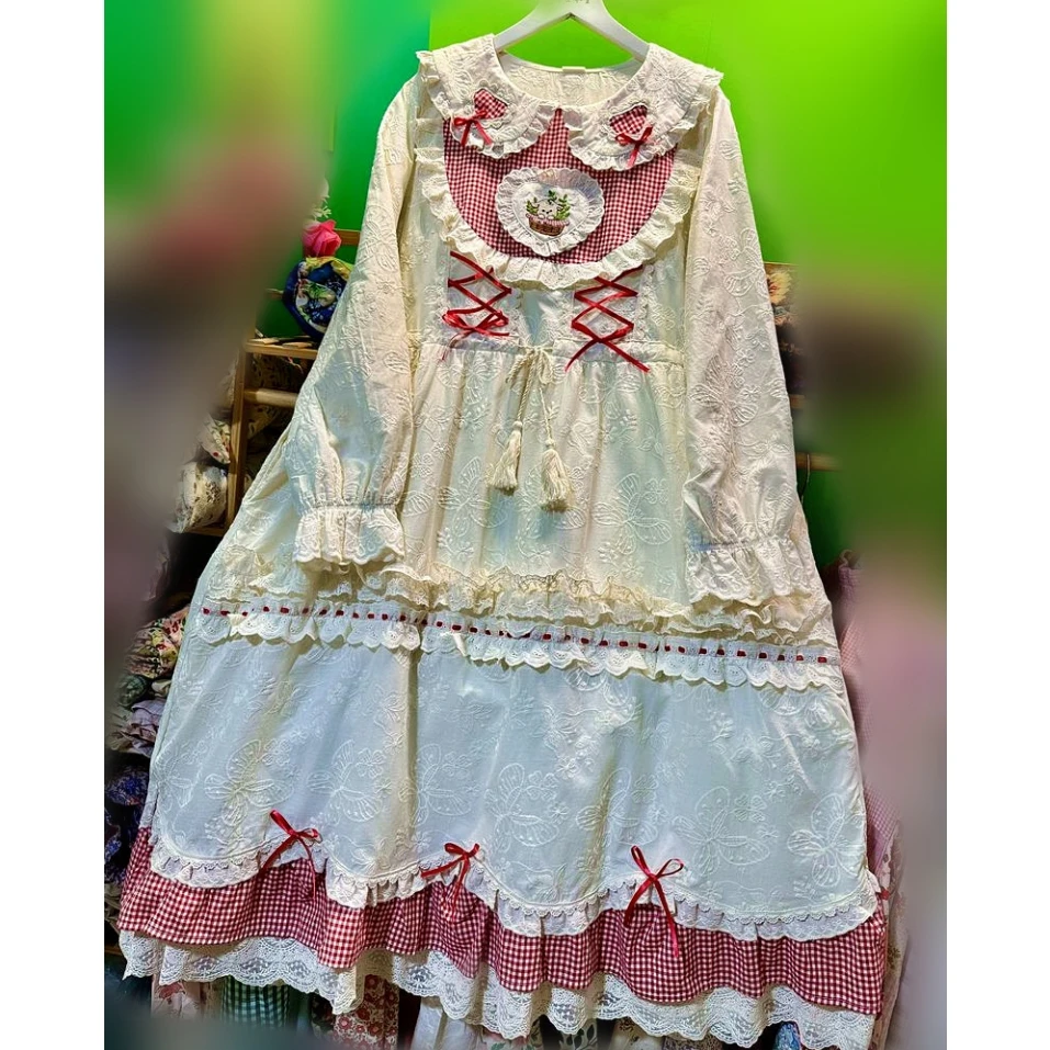 Women Vintage Butterfly Lace-up Plaid Patchwork Spring Long Dress Mori Girl Sweet Kawaii Cute Ruffled Japanese Lolita Midi Dress