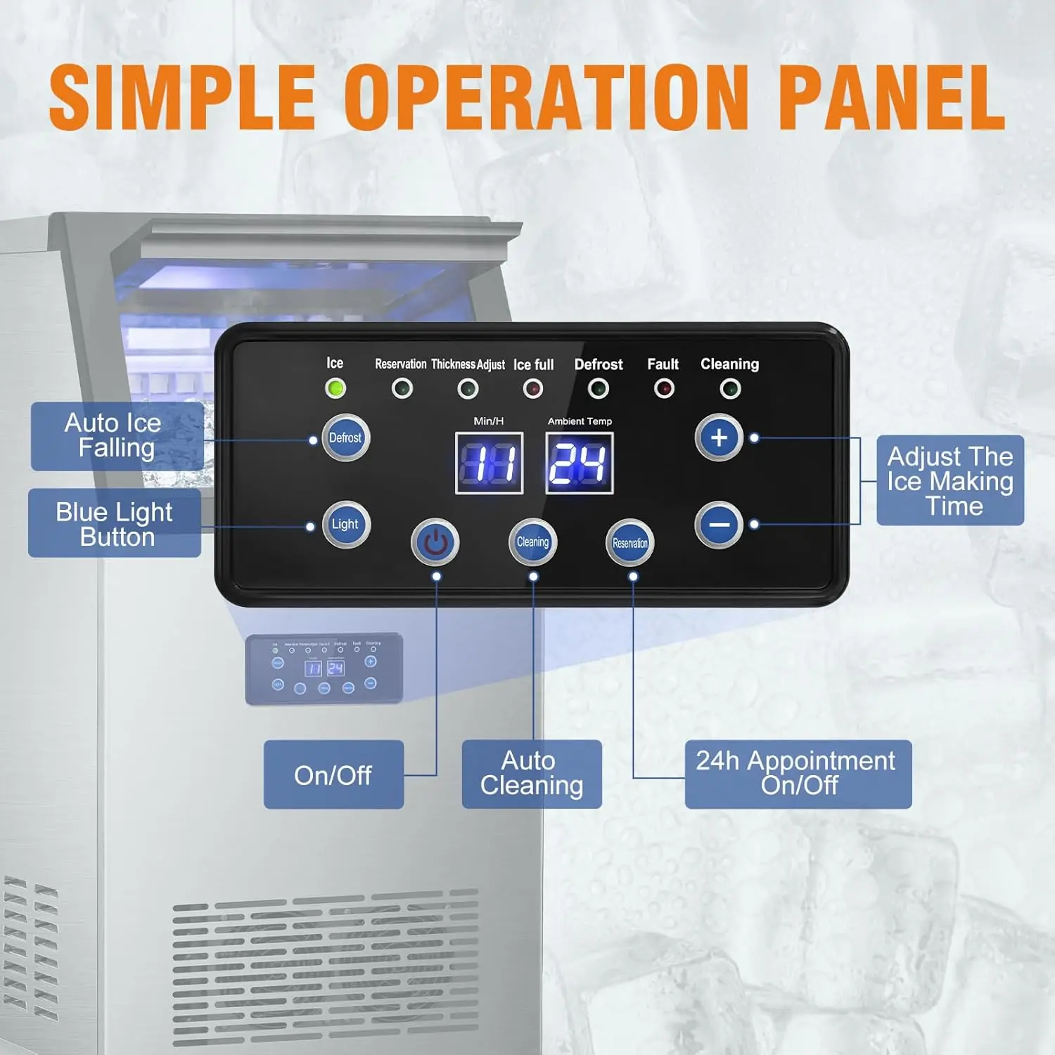 Commercial Ice Maker Machine, 120Lbs/24H with 30Lbs Storage Bin, 40Pcs Ice Cubes 6Mins, 2-Way Add Water Under Counter Freestandi