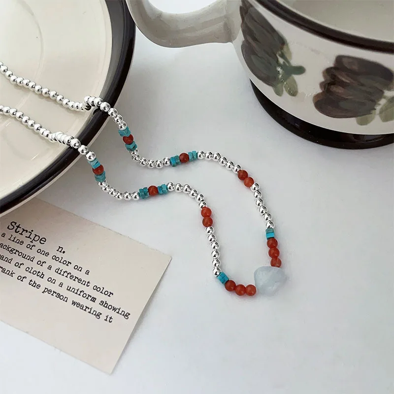 Kitykiss original 925 silver female silver beads natural stone clavicle necklace niche jewelry contains natural stone energy