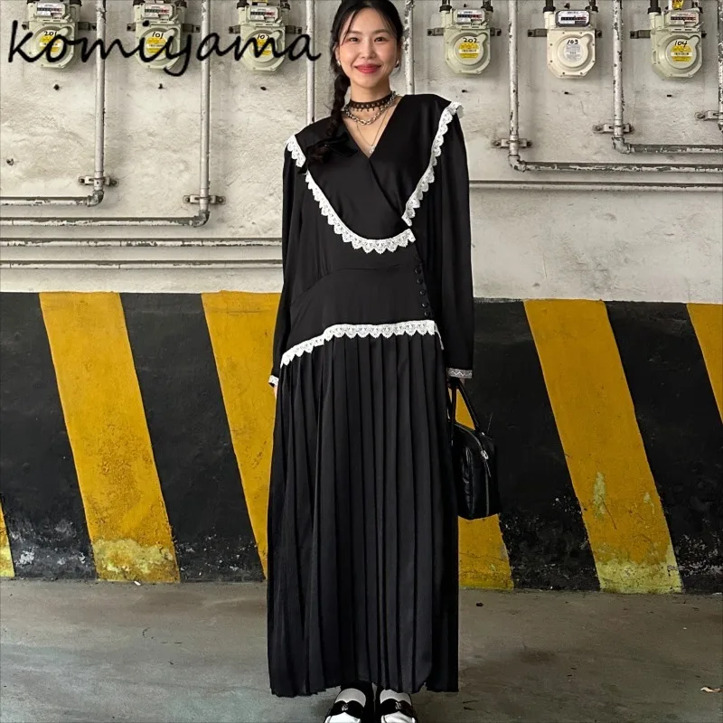 Hit Color Pleated Vestidos Laple Neck Long Sleeve Vestido Korean Dress Sweet All-match Dresses Spring 2025 New Ropa Mujer