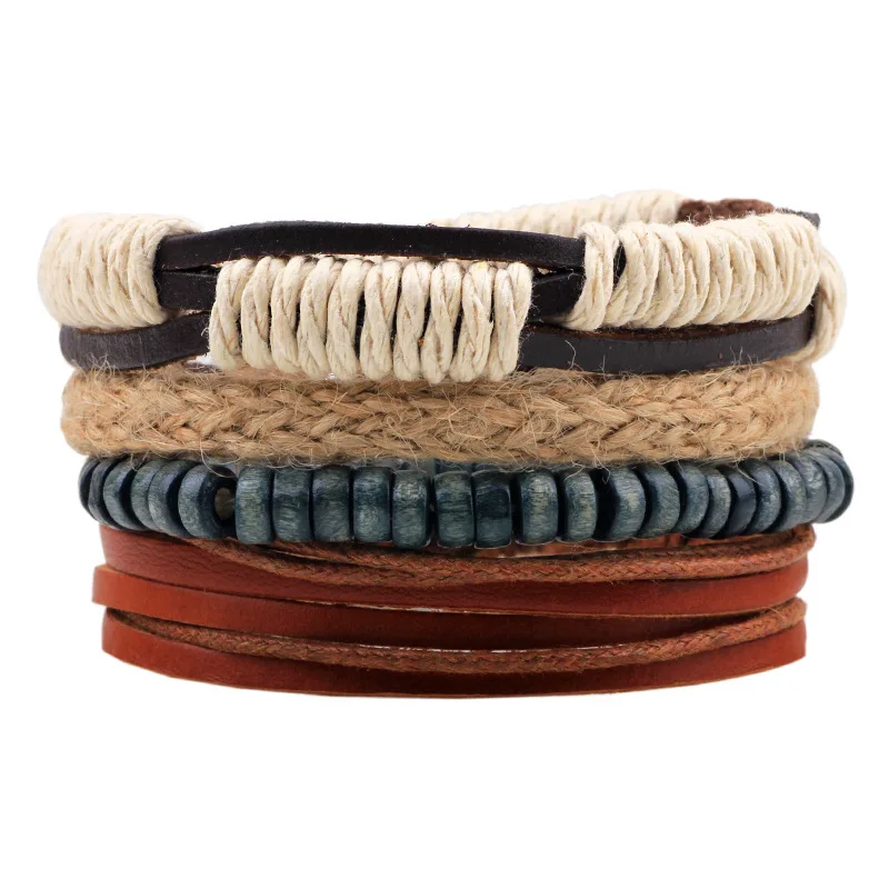 Punk  Individuality  Harajuku  Fashionable  Tide  Hemp rope  Assembly  Bracelet  Wooden bead  Knit  String of beads  Accessory