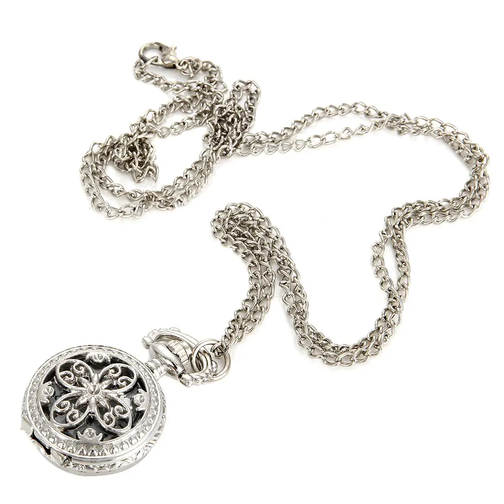Retro Quartz Pocket Watch,Fashion Hollow Out Flowers Design Pocket Watch with Chain for Lady,Alloy Sweater Chain Pendant Clock