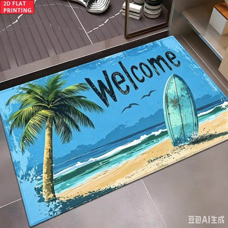 Tropical Beach Welcome Entrance Mat, Retro Palm Surfboard Non Slip Bath Rug, Summer Ocean Style Floor Carpet for Entryway Washro