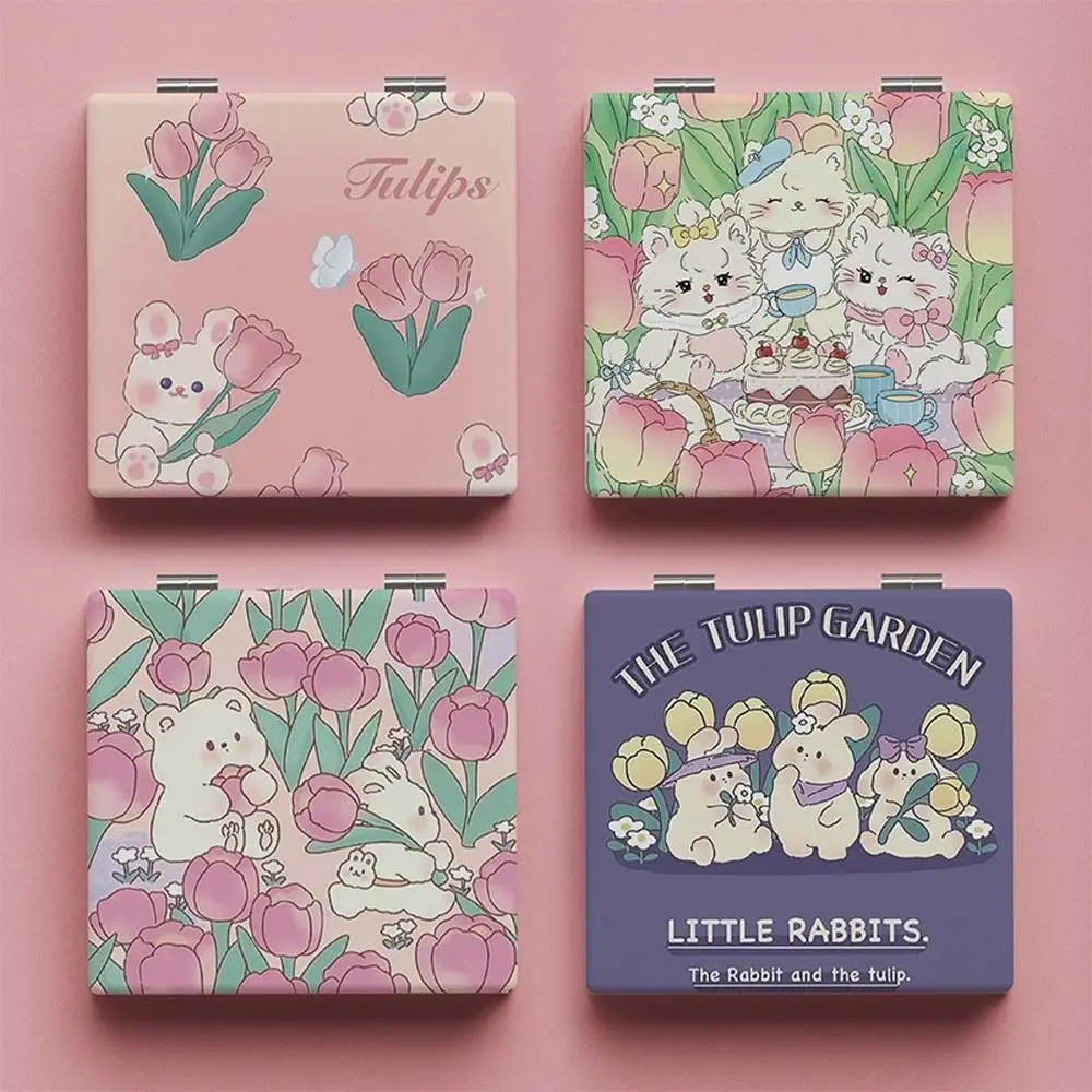 Cartoon Cat Folding Makeup Mirror Cosmetic Mirror Bear Rabbit Cute Small Mirror Mini Rose Tulip Pattern Portable Pocket Mirror